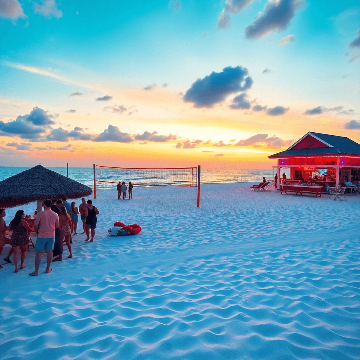 A vibrant beach scene at sunset with white sands and emerald waters, featuring a beach volleyball court and a lively beachfront bar adorned with co...