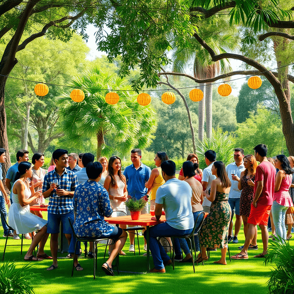 A lively community gathering in a suburban park, showcasing singles enjoying wine tasting and dance classes amidst lush greenery and cheerful decor...