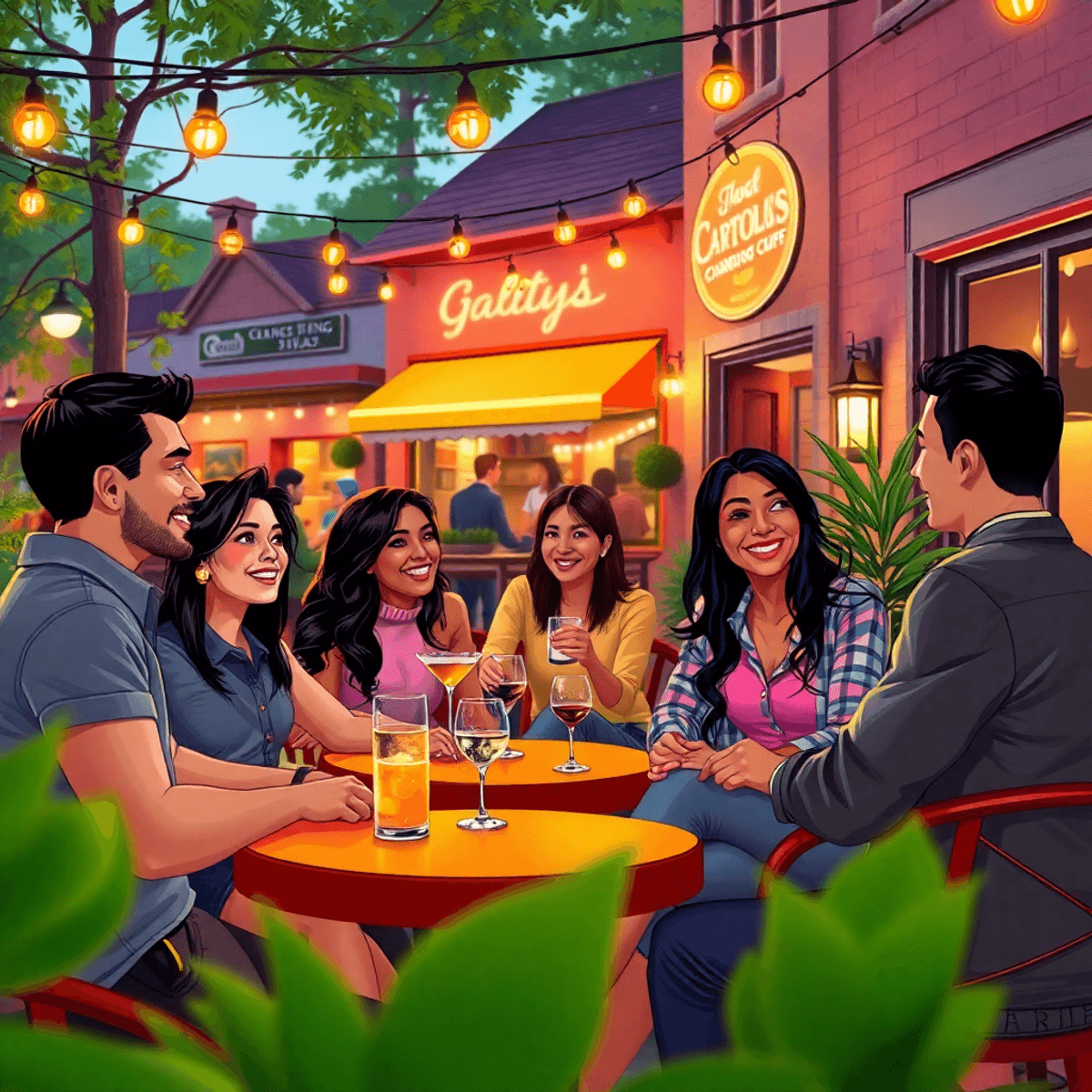 A lively outdoor gathering with people engaged in conversation, cozy seating, twinkling lights, and local dining spots creating a warm and inviting...