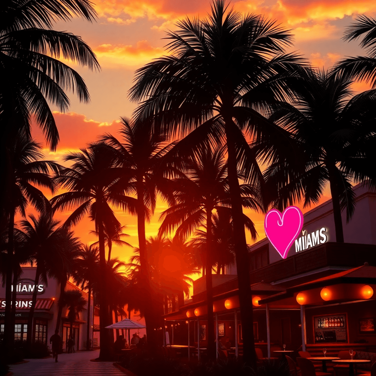 Silhouetted palm trees sway against a warm Miami Springs sunset, with trendy bars and cafes in the background, and a subtle heart symbol representi...