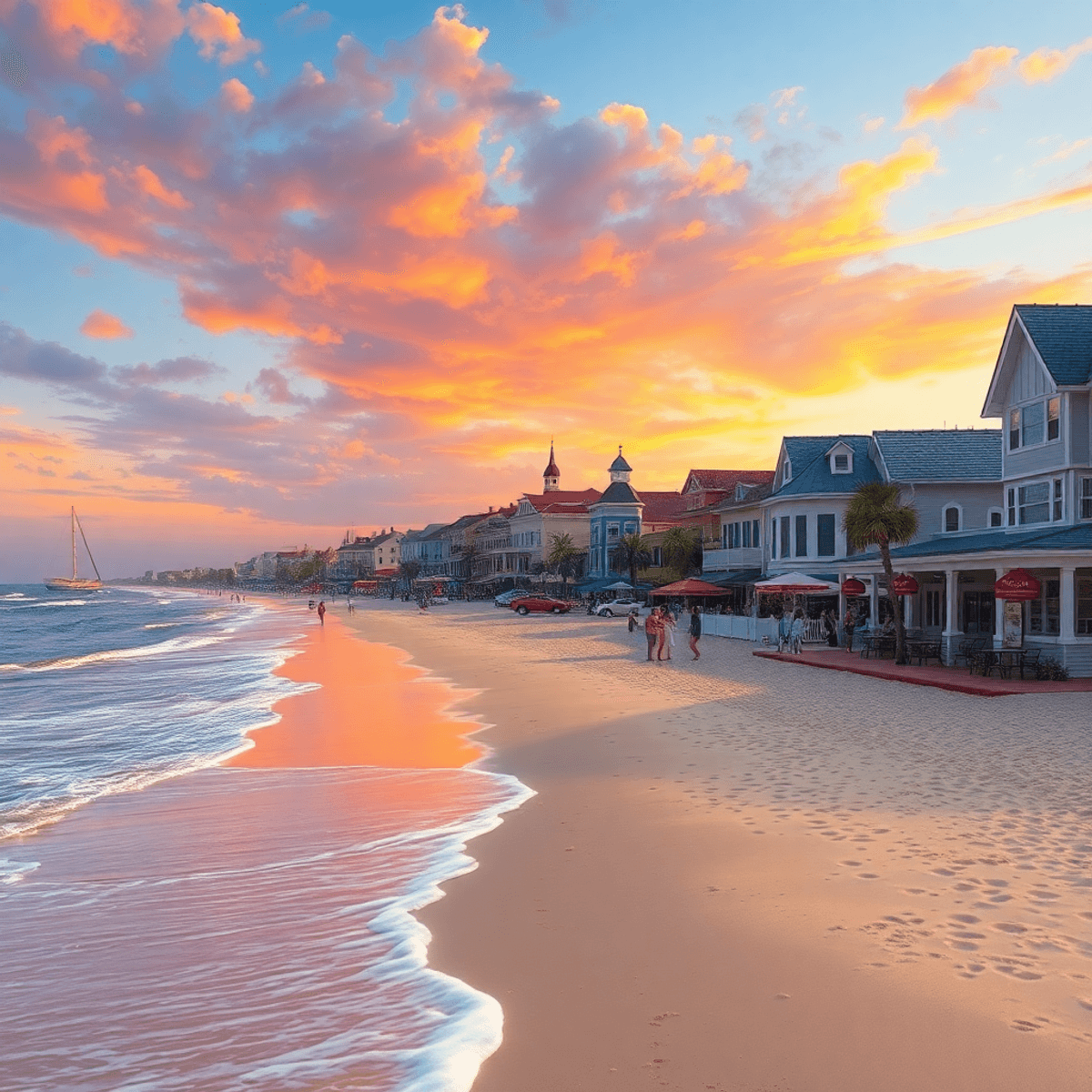 A scenic view of Fernandina Beach with sandy shores, gentle waves, Victorian architecture, beach cafes, and people enjoying outdoor activities unde...