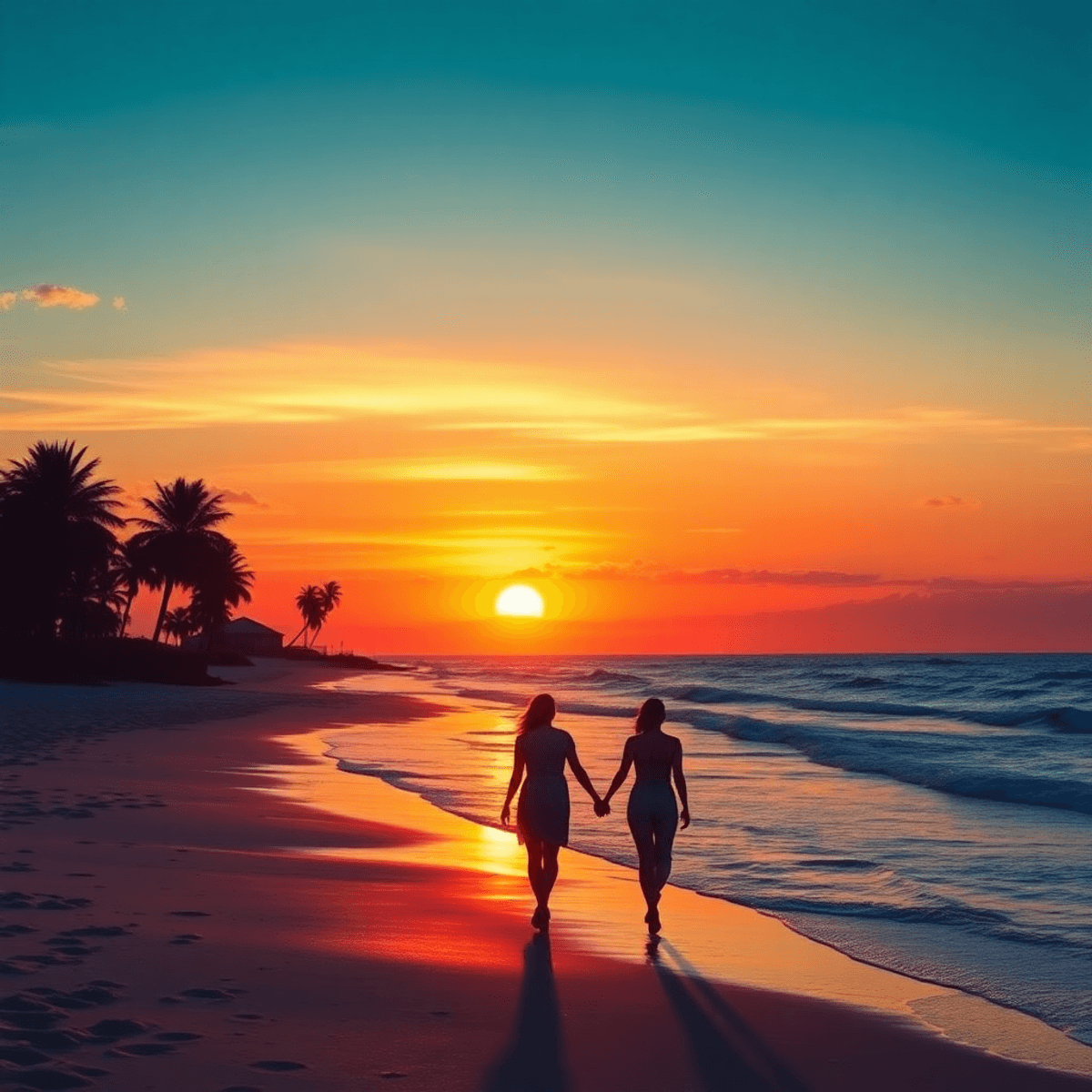 A romantic beach scene at sunset in Destin, Florida, with silhouettes of palm trees and a couple walking hand-in-hand along the shore.