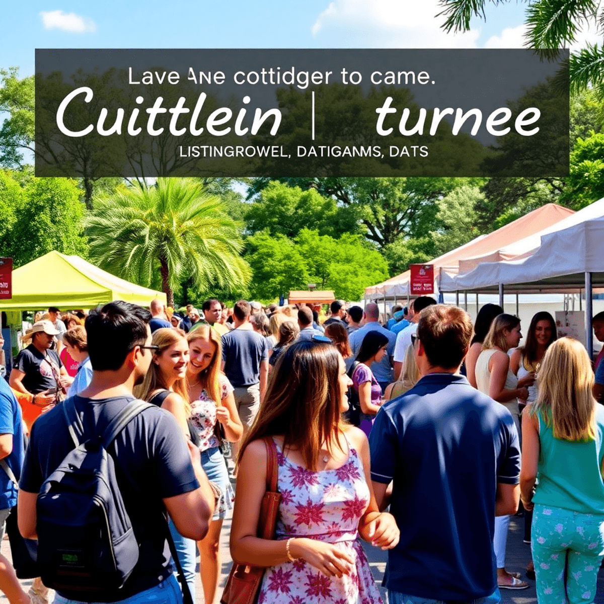 A lively outdoor market scene with people enjoying food stalls and conversing under sunny skies, surrounded by colorful tents and lush greenery.
