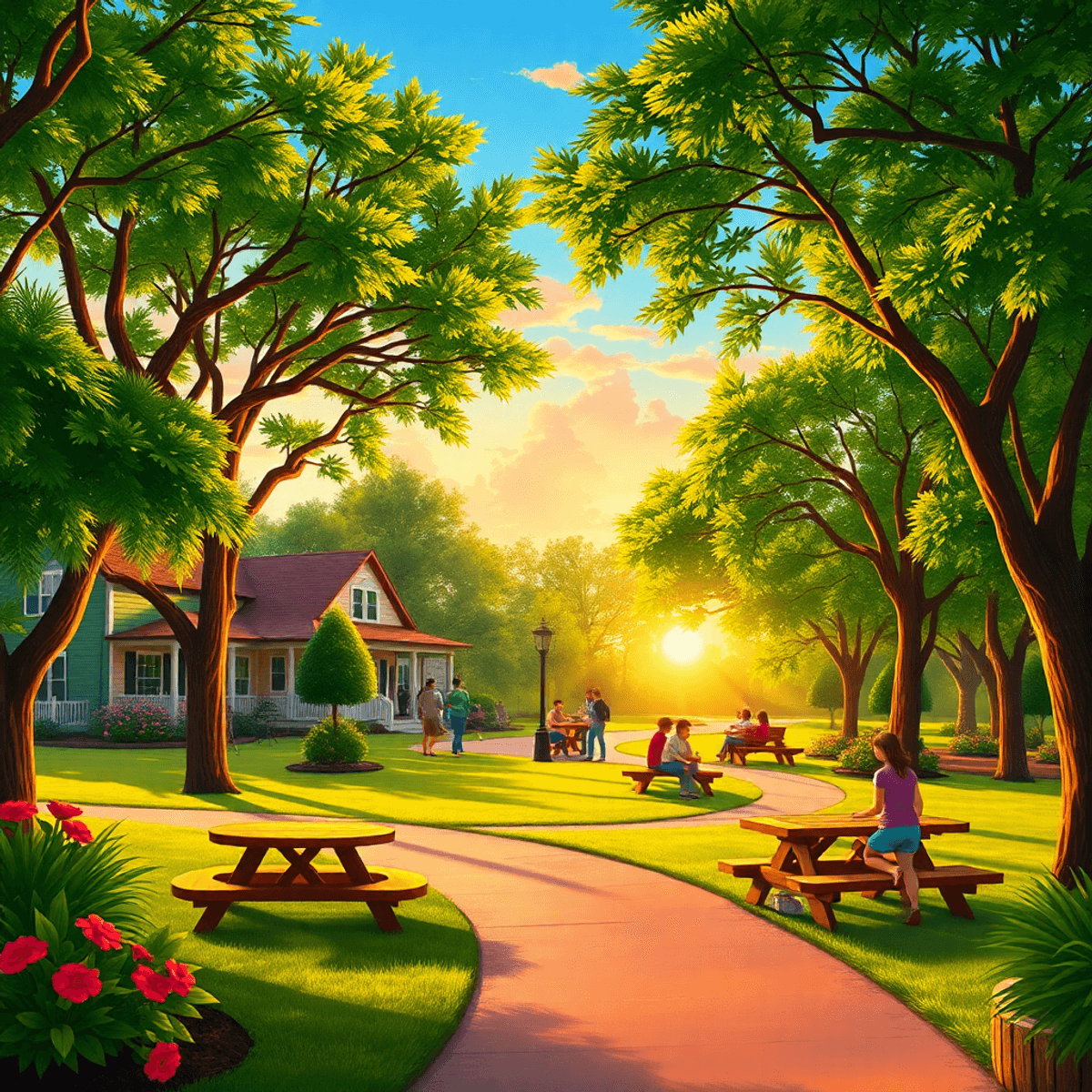 A picturesque park in Callaway, Florida, with lush greenery and a stunning sunset, featuring picnic tables and people enjoying casual conversations...
