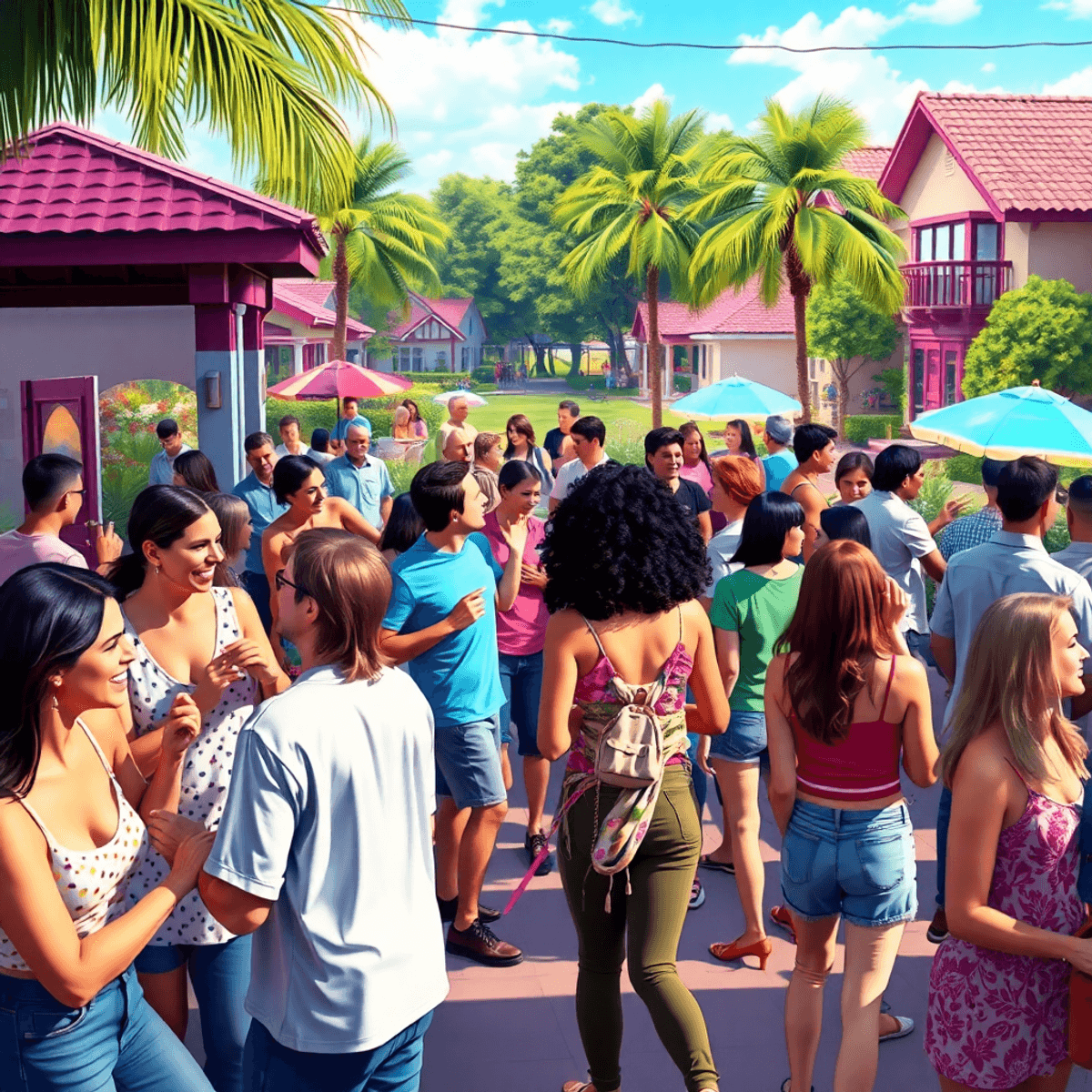 A lively community event in Villas, Florida, with singles dancing and mingling amidst a colorful suburban backdrop of parks and cafes, showcasing s...