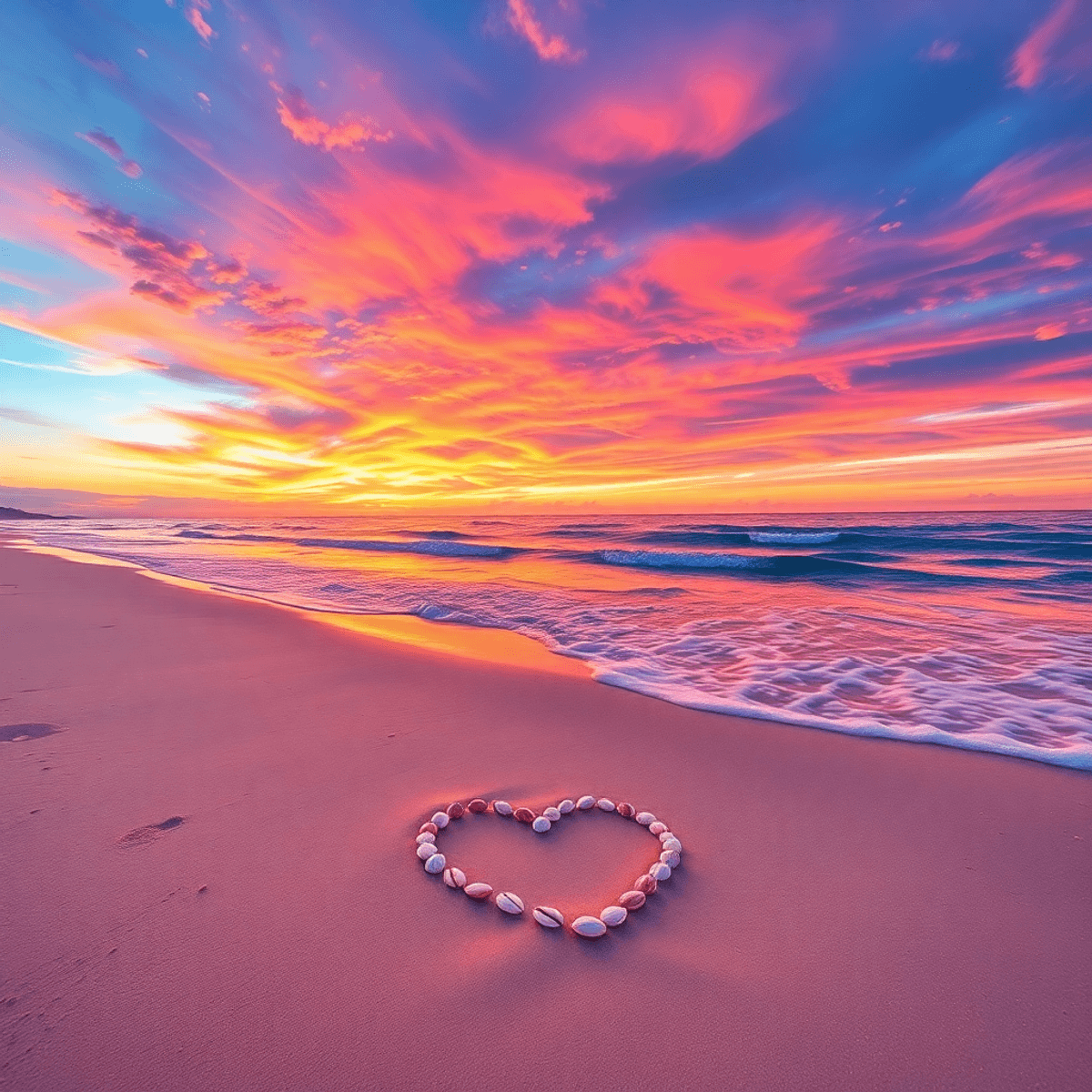 A vibrant beach at sunset with soft sand and gentle waves, featuring a heart-shaped arrangement of seashells, creating a warm, inviting atmosphere.