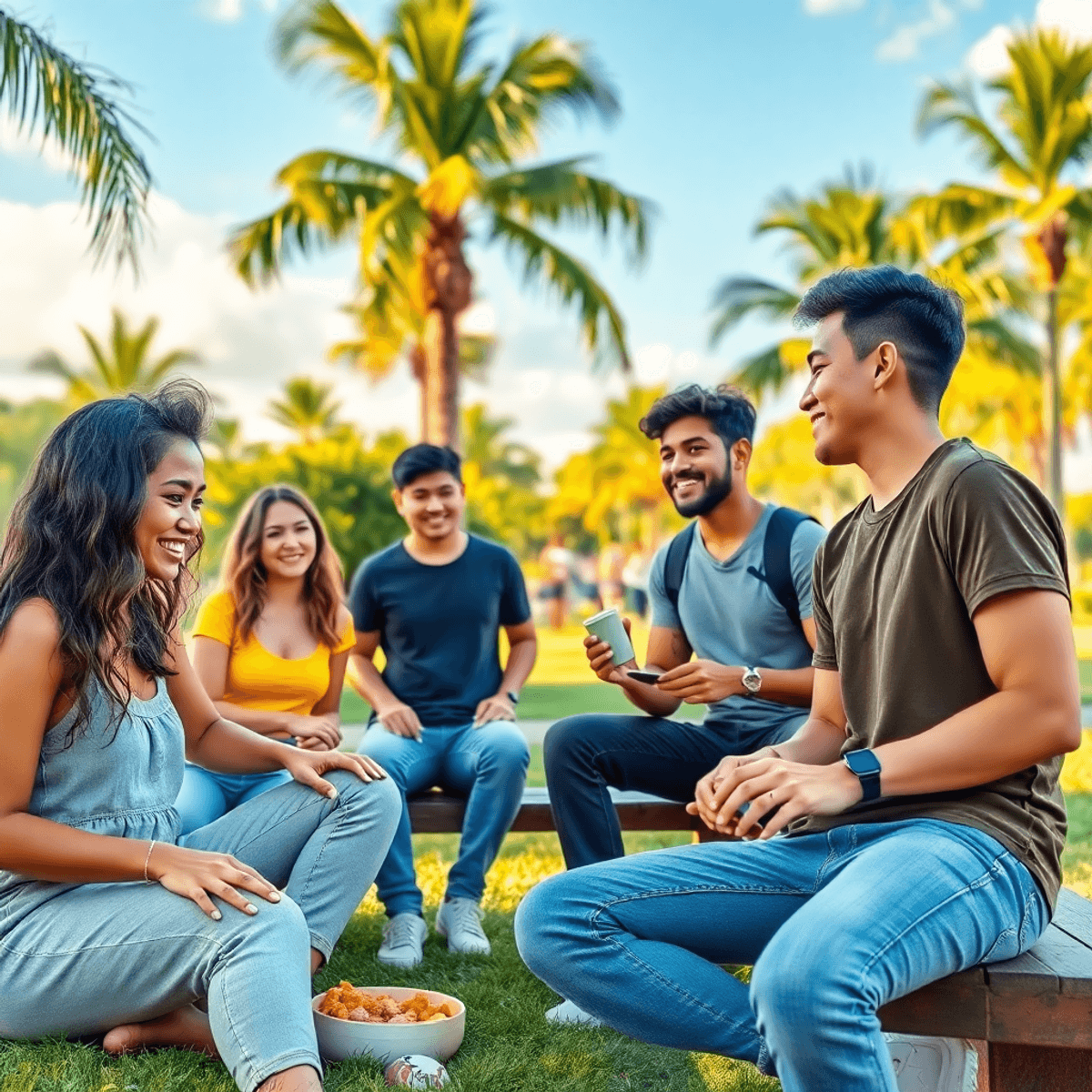 A lively park scene in Palmetto, Florida, with young adults enjoying games and sharing food under the sun, surrounded by palm trees, reflecting a s...