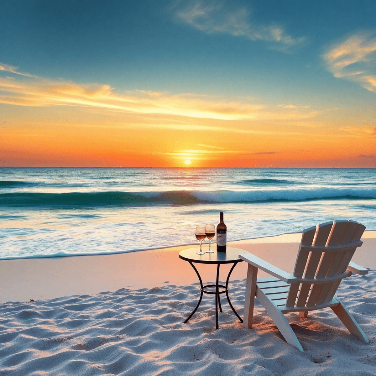 A stunning sunset over the ocean at Atlantic Beach, Florida, with soft waves lapping the shore. A pair of beach chairs and a table set for two with...