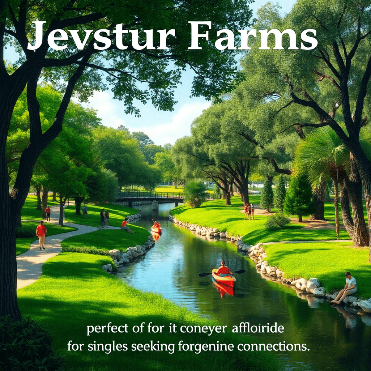 A peaceful park in Jupiter Farms, Florida, featuring lush greenery, a tranquil river, hiking trails, and people kayaking and playing sports, highli...