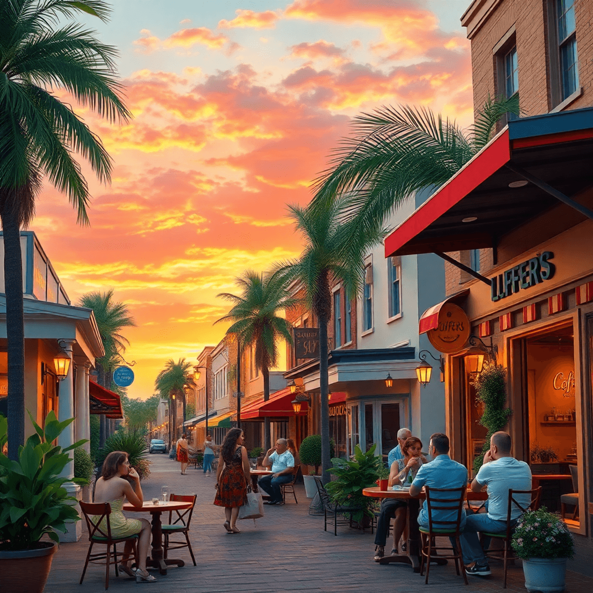 A charming small-town street in Elfers, Florida, with cozy cafes and outdoor seating, palm trees, and a vibrant sunset creating a warm, romantic at...