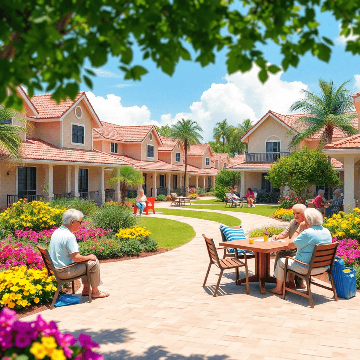A sunny senior community in Florida with colorful homes, lush greenery, and vibrant flowers. Seniors enjoy outdoor activities in inviting social sp...