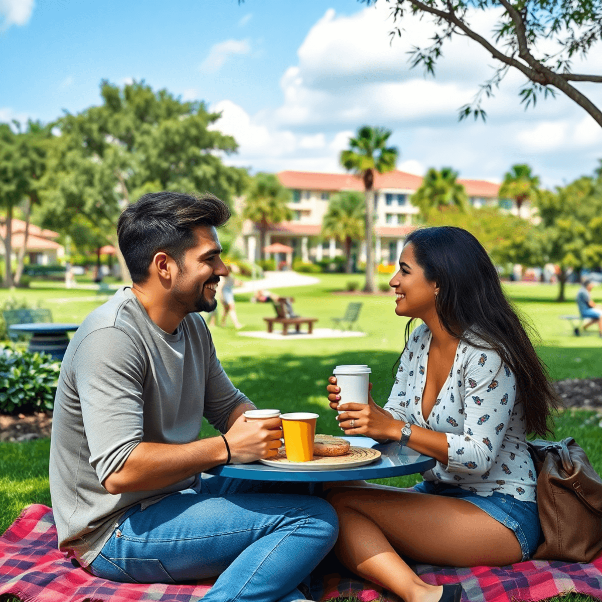 A couple enjoys a casual outdoor date in a vibrant suburban park, surrounded by lush greenery, picnic blankets, coffee cups, and playful activities...
