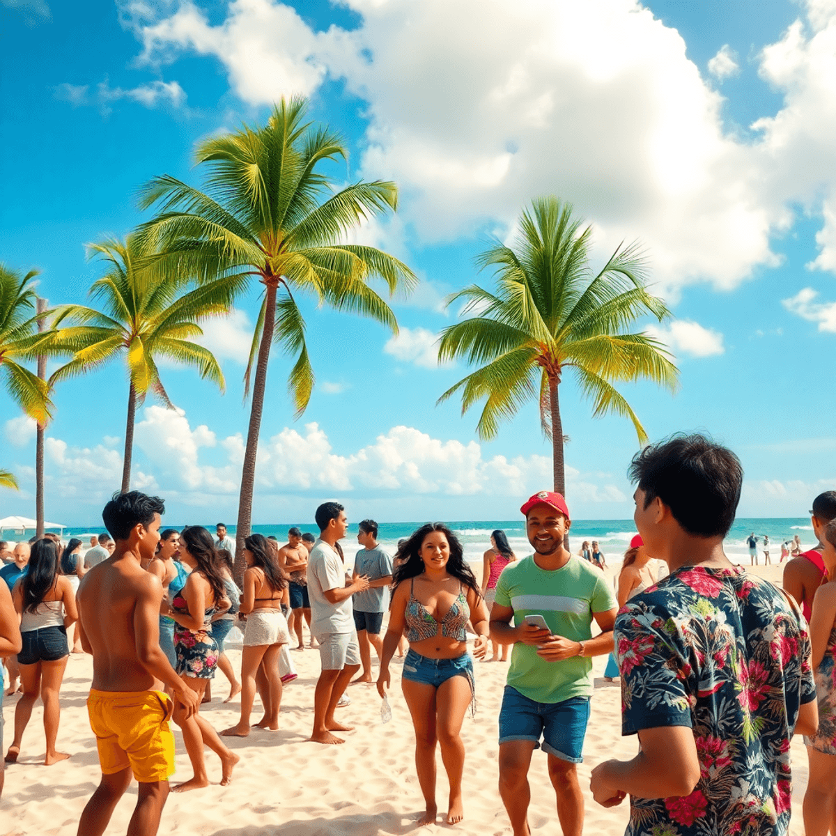 A lively beach scene in South Daytona, Florida, with people engaging in conversation and outdoor activities under palm trees and sunny skies.