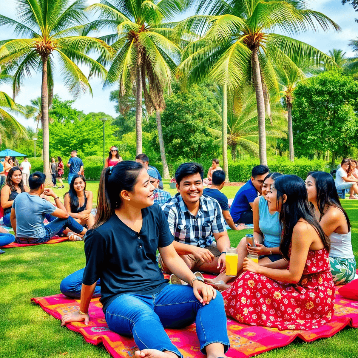 A lively outdoor park scene in Orange City, Florida, showcasing singles on colorful picnic blankets, enjoying conversations amidst lush greenery an...