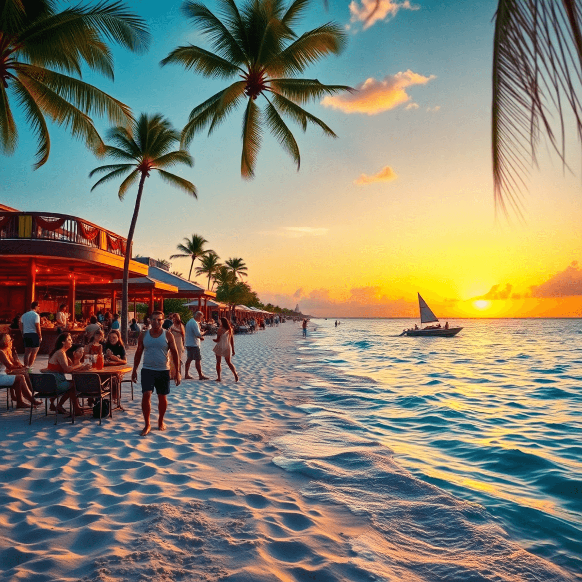 A lively beach scene at sunset in Sunny Isles Beach, featuring clear blue waters, soft sand, a rooftop lounge with people enjoying drinks, and sway...