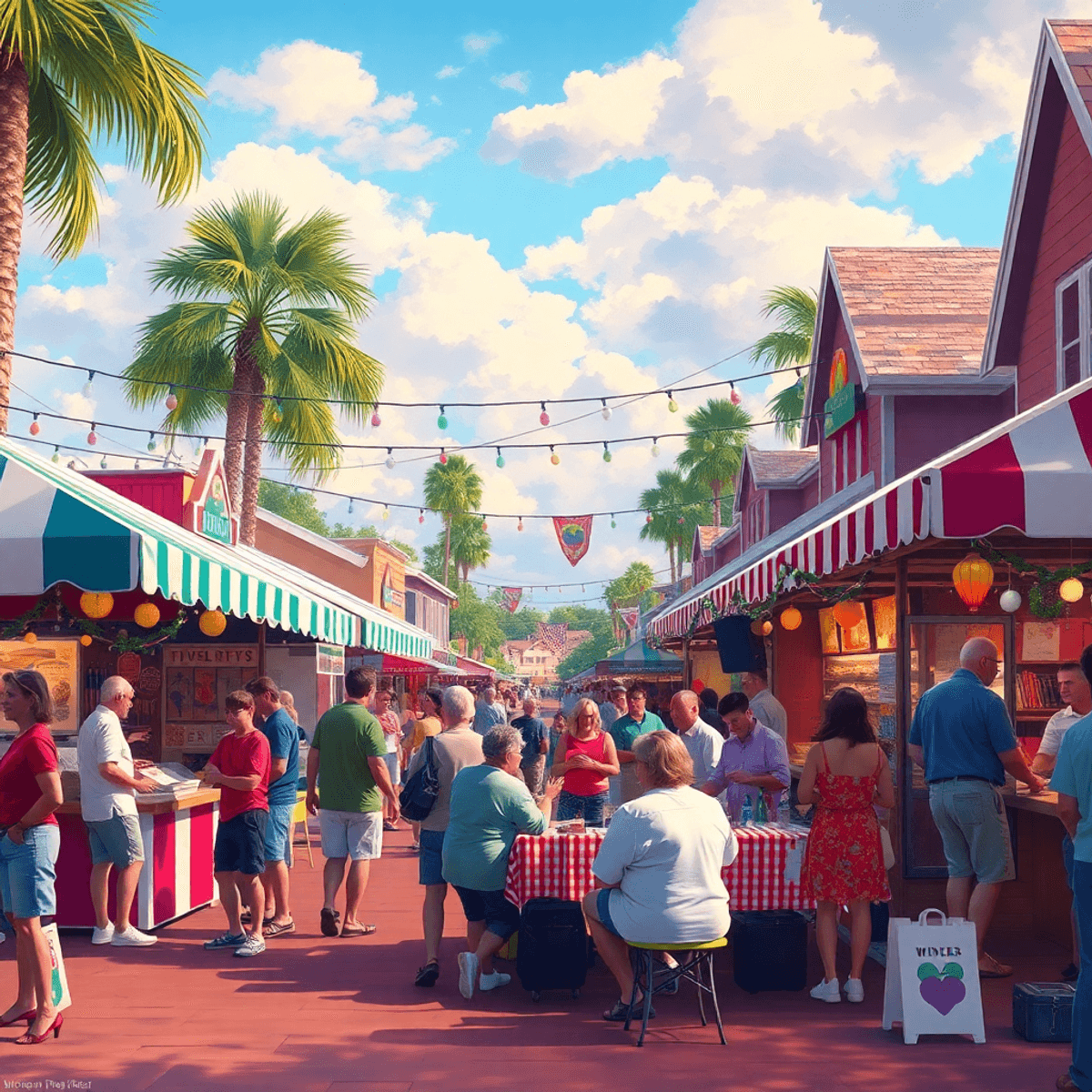 A vibrant small-town festival scene with colorful stalls, food vendors, and people enjoying live music, creating a warm and joyful atmosphere of co...