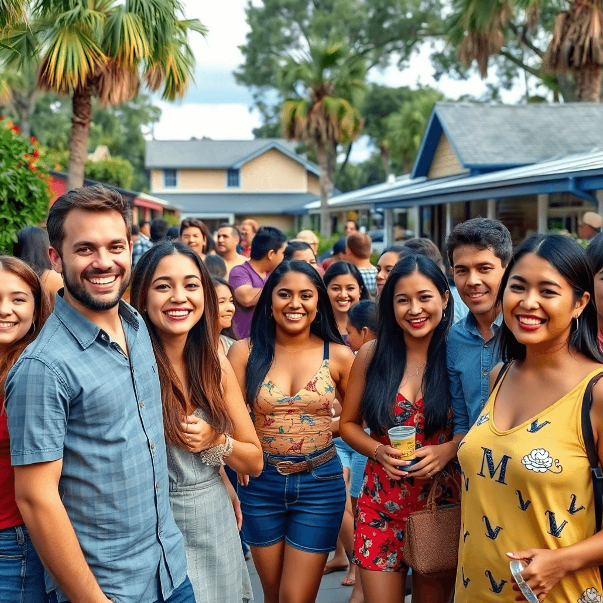 A lively community gathering in Marion Oaks, Florida, featuring cheerful singles engaged in fun activities amidst lush greenery and charming small-...