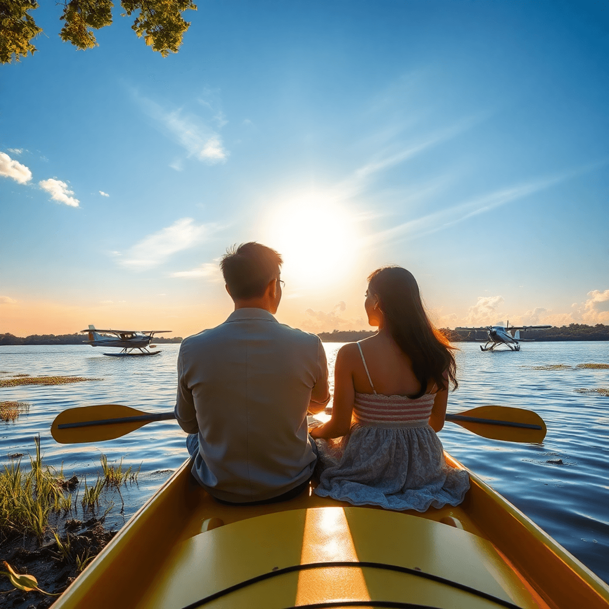 A romantic lakeside sunset over Lake Dora, with a couple in a kayak surrounded by lush greenery and sparkling water, while seaplanes are seen in th...