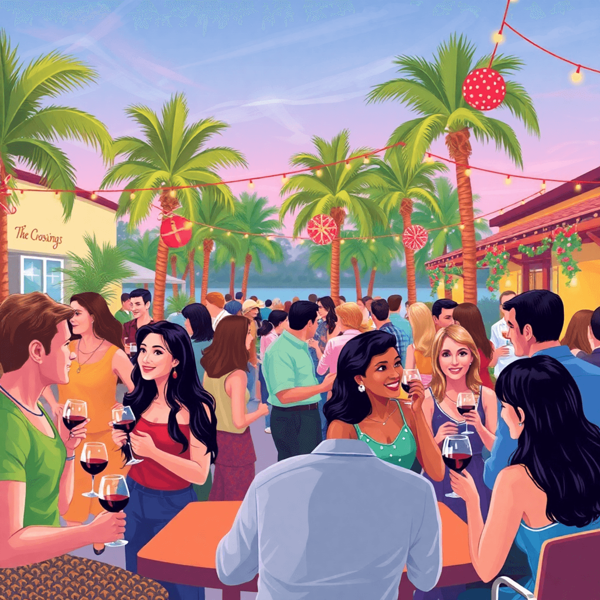A lively community event in The Crossings, Florida, featuring singles mingling at a wine tasting and speed dating session, surrounded by palm trees...