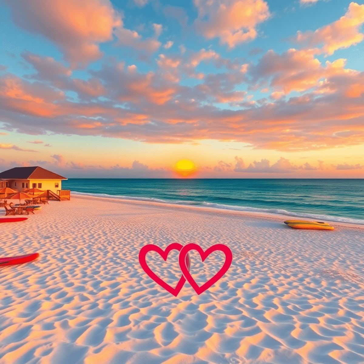 A vibrant sunset over a picturesque beach in Holiday, Florida, with hearts and intertwined hands in the foreground, paddle boards, and game night s...