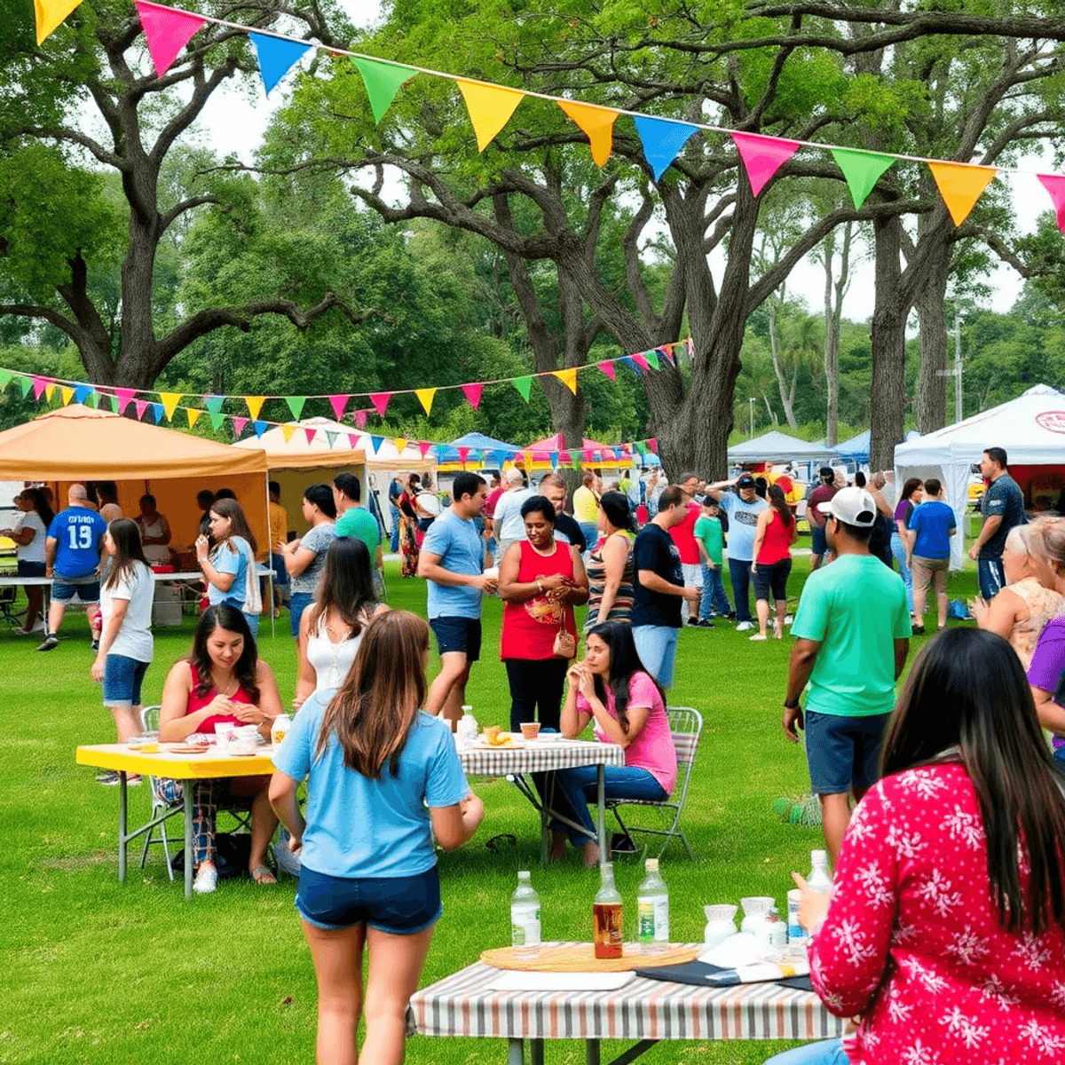 A lively community event in a park, with people socializing, colorful decorations, picnic setups, and various activities, creating a warm and invit...