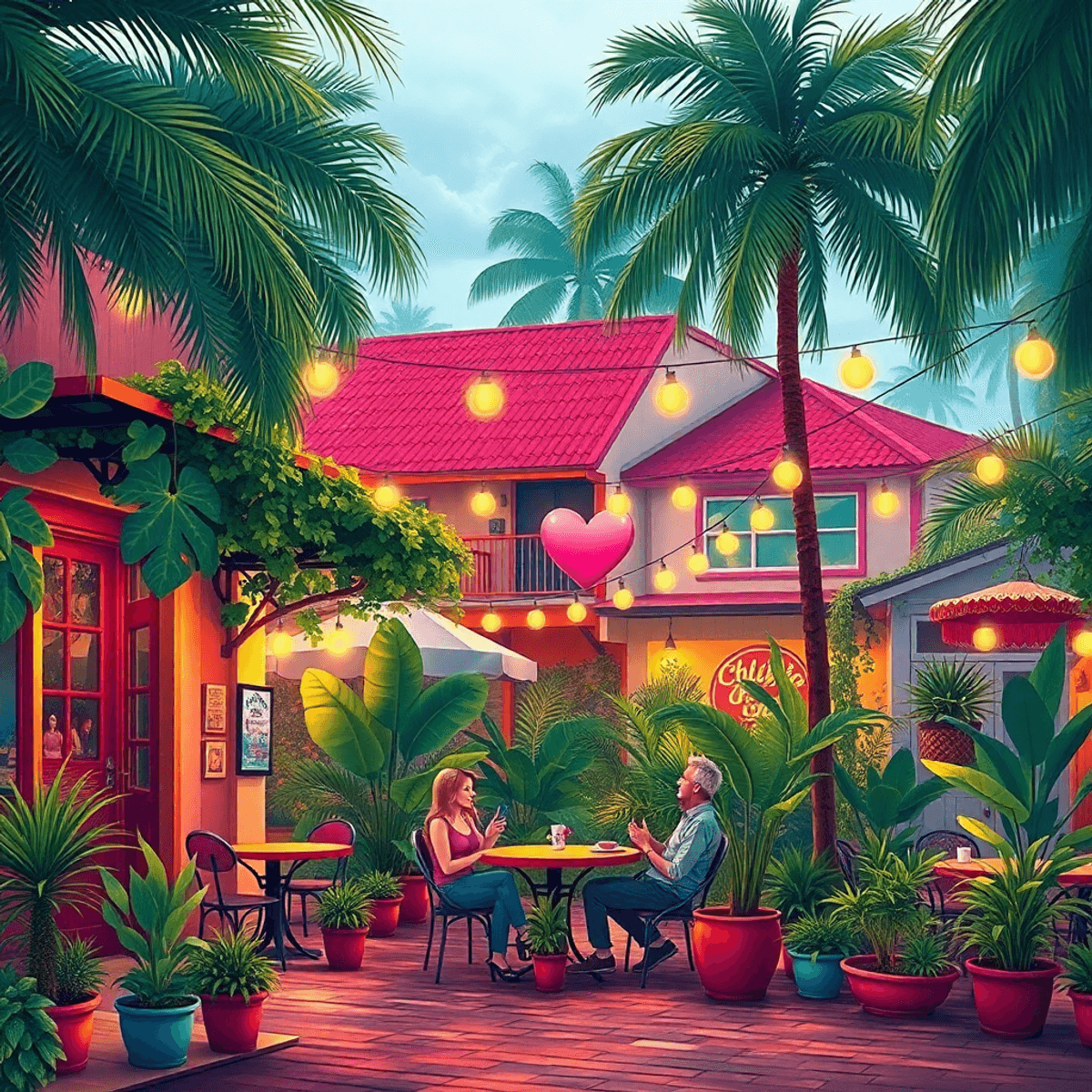 A lively small-town scene in Florida with cafes and parks, adorned with tropical plants and colorful decorations, featuring heart shapes and soft l...