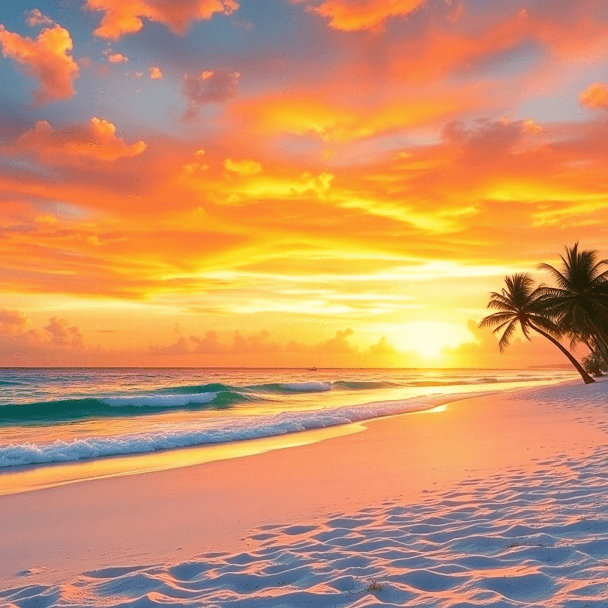 A serene beach in Key Biscayne with white sand, gentle waves, and palm trees under a colorful sunset sky, evoking romance and tranquility.