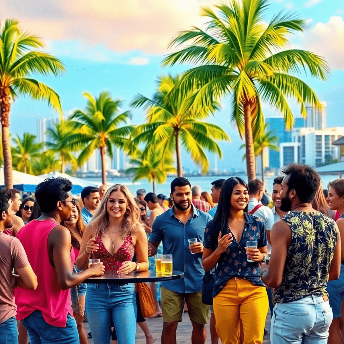 A lively outdoor gathering in Gladeview, Florida, with young professionals engaged in conversations and laughter, surrounded by palm trees and hint...
