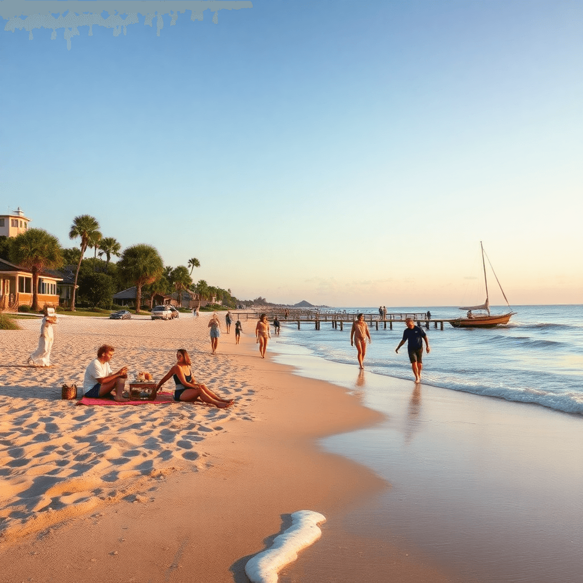 A serene beach in Warrington, Florida, with gentle waves and a sunset backdrop. A small group enjoys a picnic and engages in beach volleyball along...