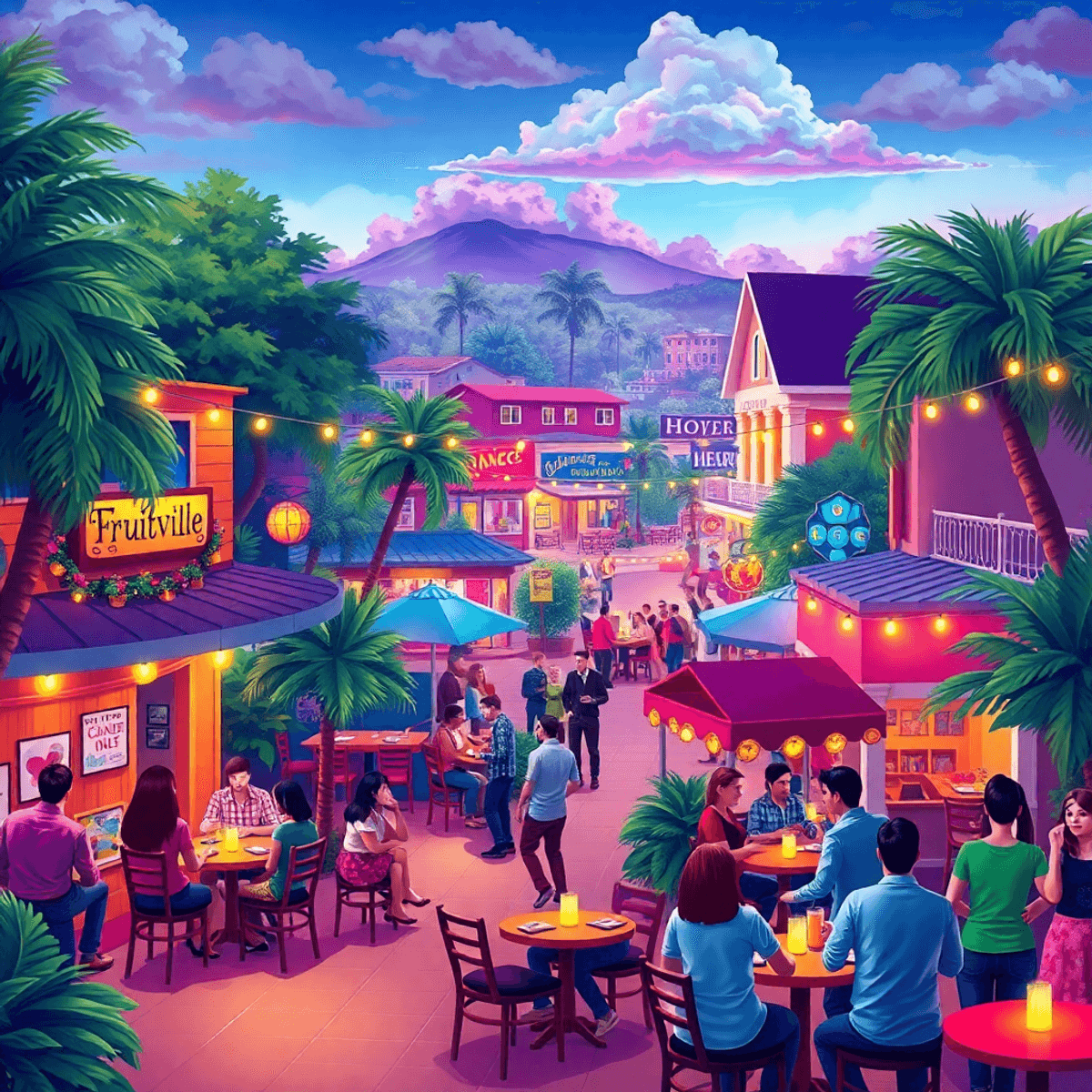 A lively street scene in Fruitville, Florida, featuring cozy cafes and parks bustling with singles mingling during community events like speed dati...