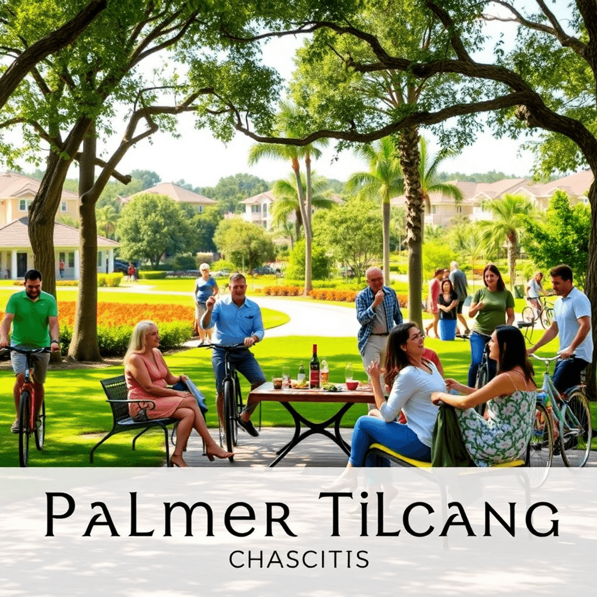 A lively park in Palmer Ranch, Florida, with people enjoying a picnic, cycling, and socializing amid lush greenery and beautiful neighborhoods.