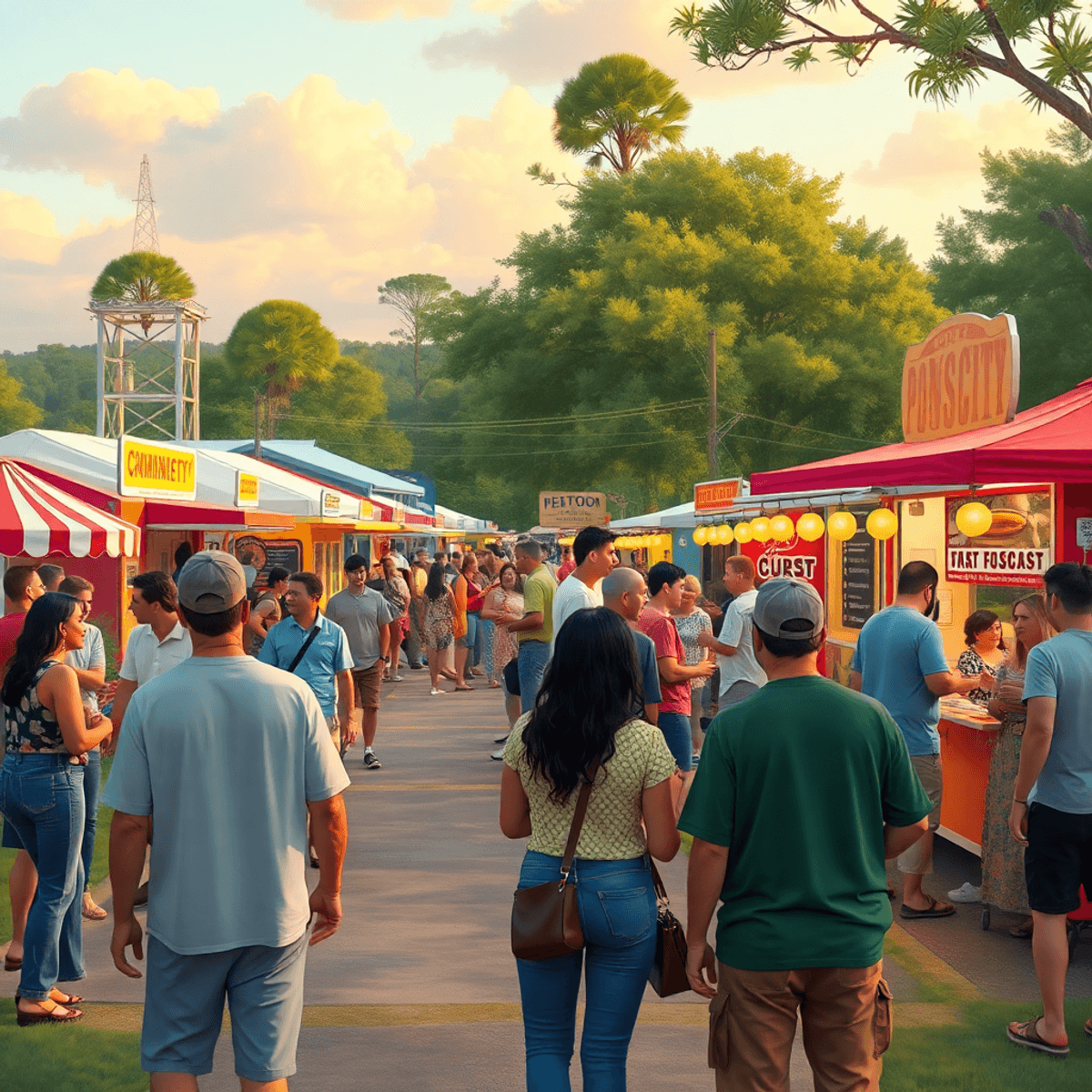 A lively community festival in Forest City, Florida, featuring colorful food trucks, people enjoying live music, and beautiful natural landscapes i...