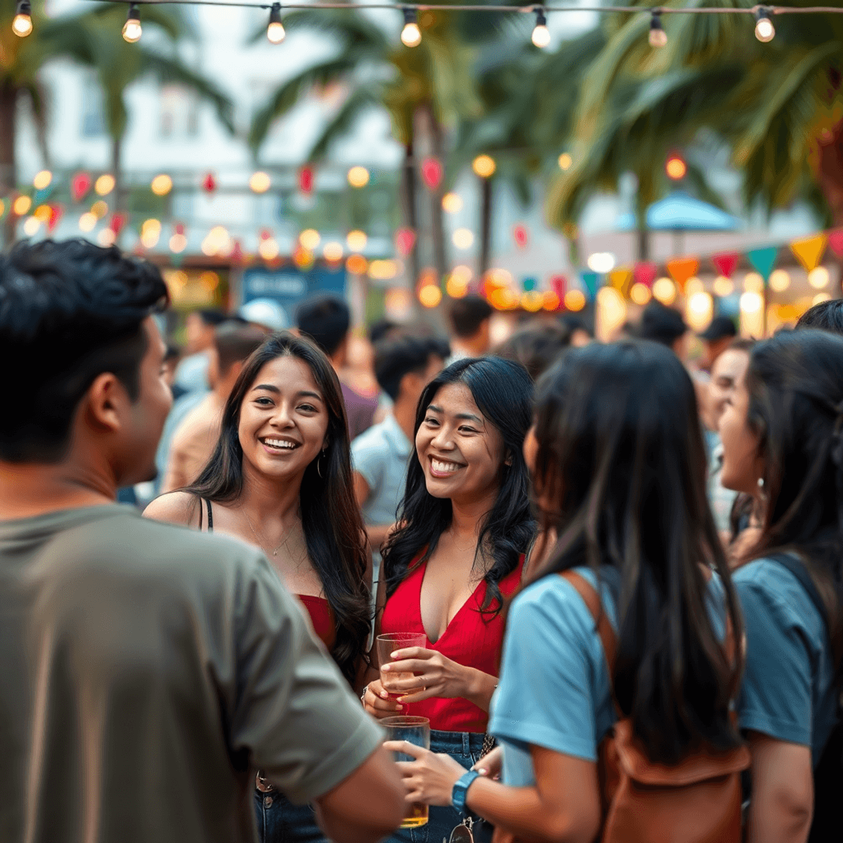 A lively outdoor social event in West Park, Florida, with young adults laughing and engaging in activities, surrounded by colorful decorations and ...