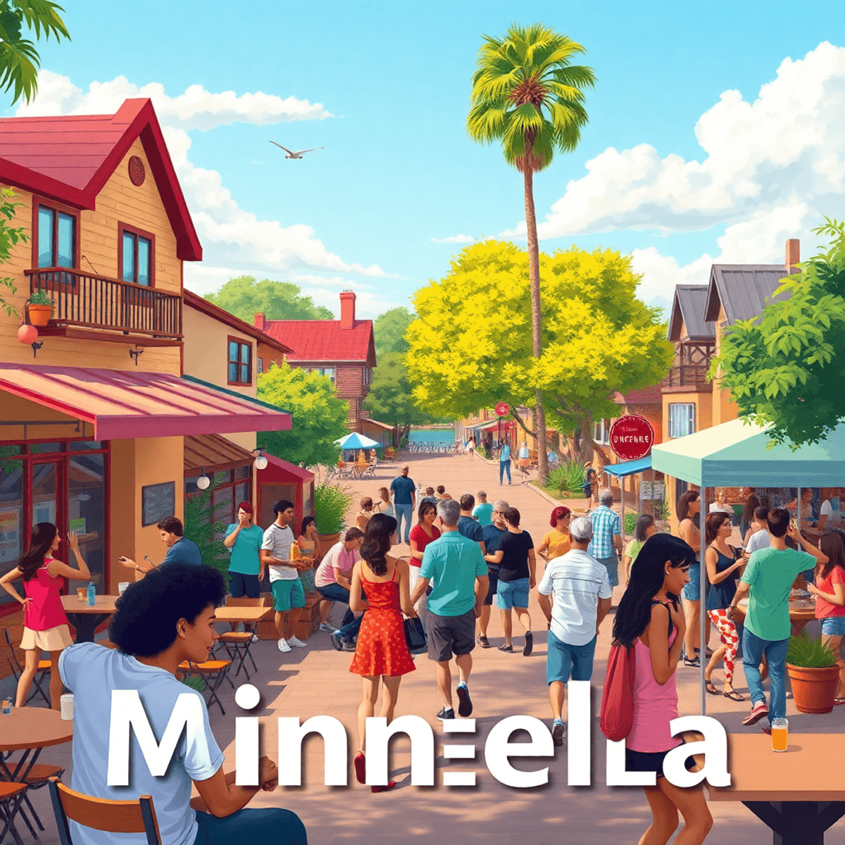 A lively small-town scene in Minneola, Florida, with coffee shops, parks, and community gatherings by Lake Minneola, showcasing outdoor activities ...