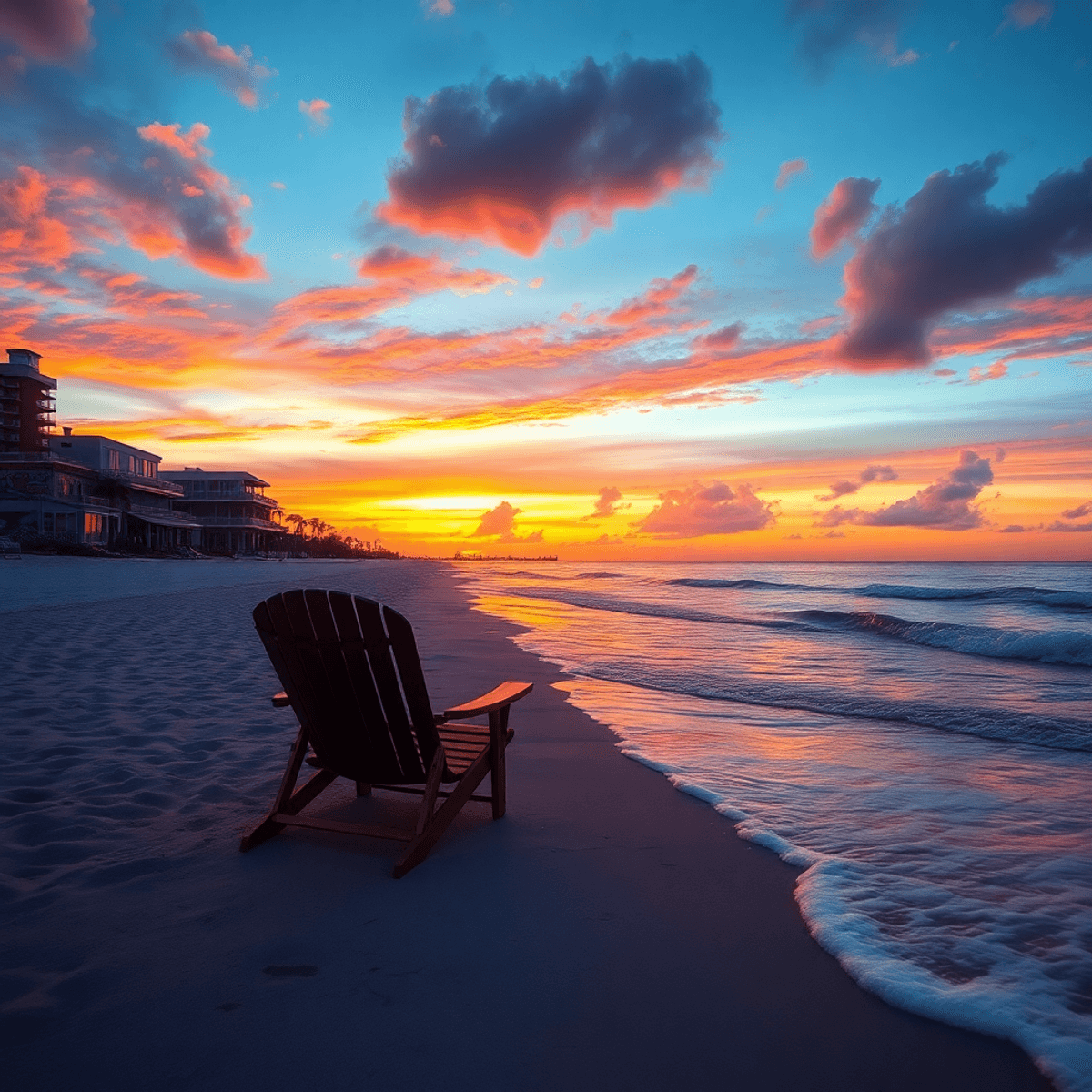 A vibrant sunset over a Gulf Coast beach with soft waves, two beach chairs set up for romance, and hints of local art and murals in the background.