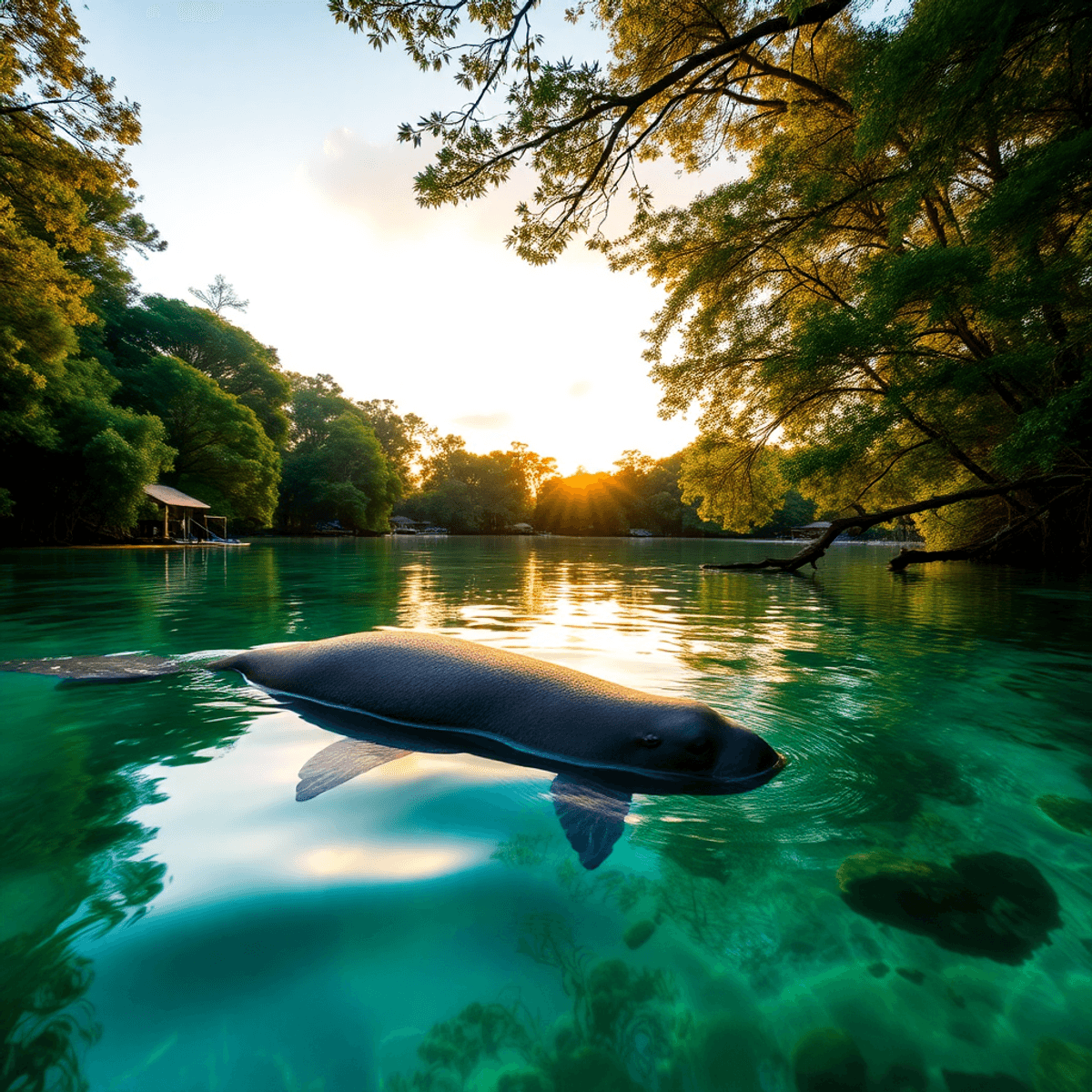 A serene waterfront at sunset in Homosassa Springs, with crystal-clear waters, lush greenery, and graceful manatees swimming nearby, creating a rom...