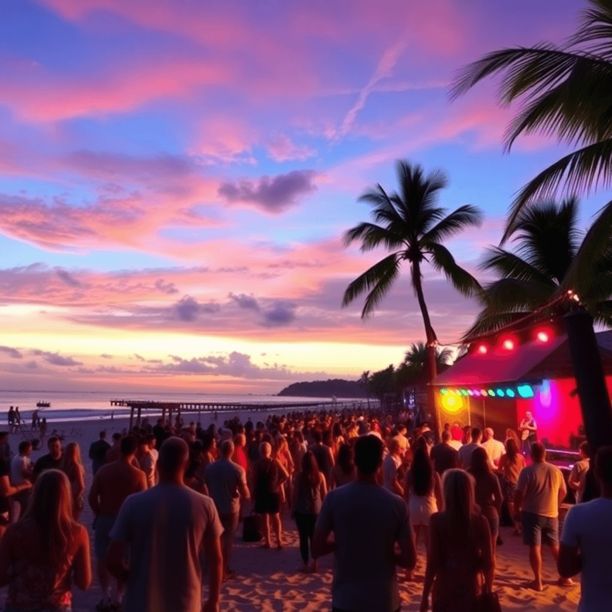 A vibrant sunset over a beach concert, with people enjoying the lively atmosphere, palm trees, and colorful lights, capturing a sense of connection...