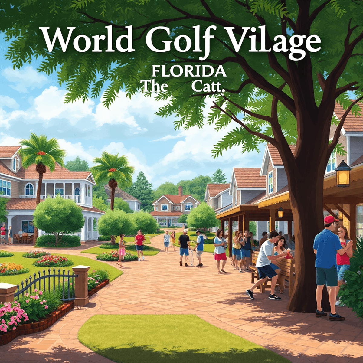 A lively scene at World Golf Village in Florida, featuring lush greenery, walkable paths, and people socializing at outdoor events, creating a warm...