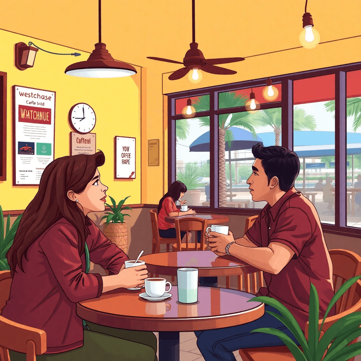 A cozy coffee shop scene in Westchase, Florida, with a warm atmosphere, featuring two singles engaged in conversation over coffee, surrounded by lo...