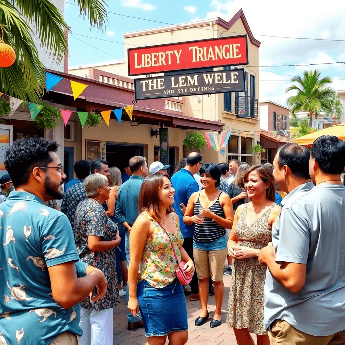 A lively community event in Liberty Triangle, Florida, featuring colorful decorations and people mingling outdoors against a backdrop of charming l...