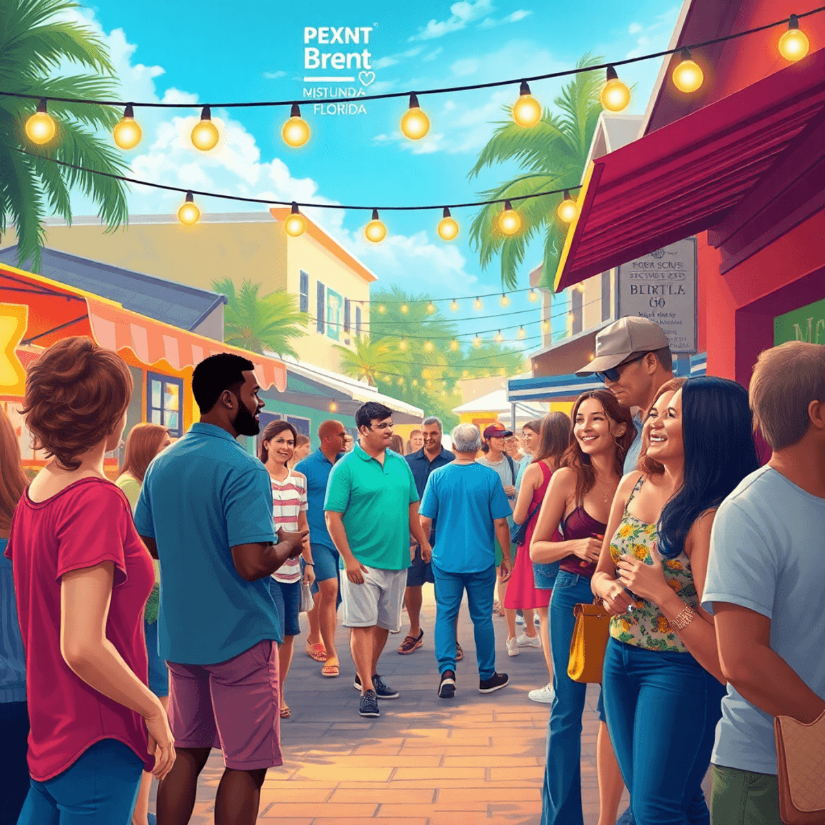 A lively community gathering in a small town, with singles chatting, food stalls, live music, and outdoor spaces, creating a warm and inviting atmo...