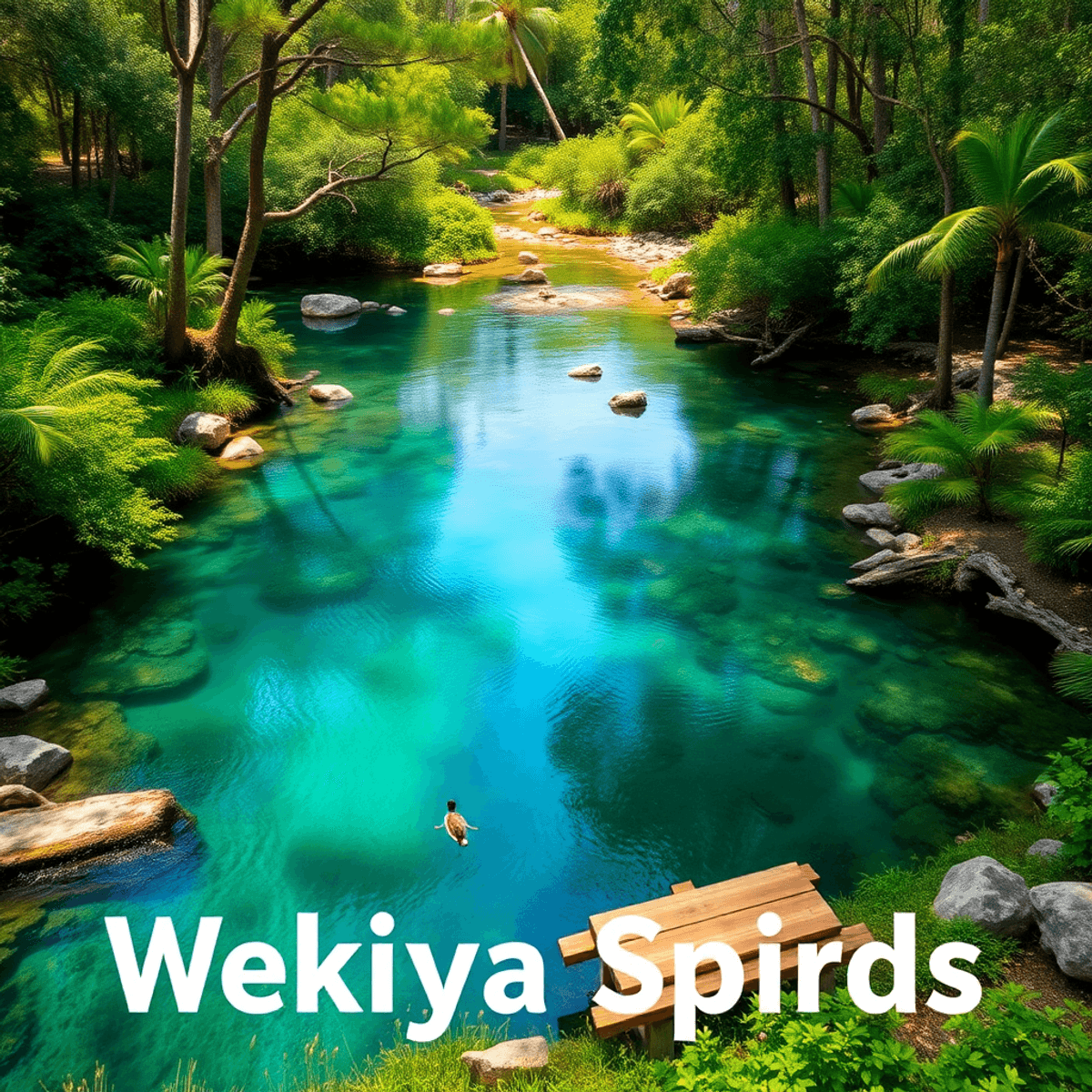A scenic view of Wekiwa Springs with crystal-clear waters, lush greenery, a serene hiking trail, and a cozy picnic spot, evoking adventure and roma...
