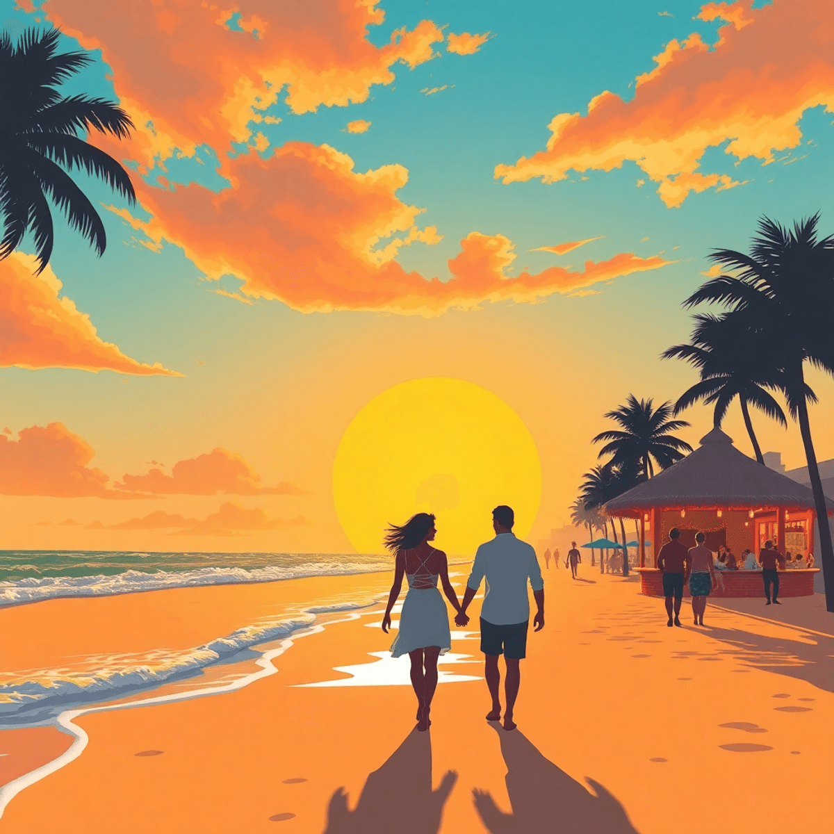 A vibrant beach scene at sunset in Jacksonville, Florida, with silhouettes of palm trees, a couple walking hand in hand, surfers, yoga enthusiasts,...