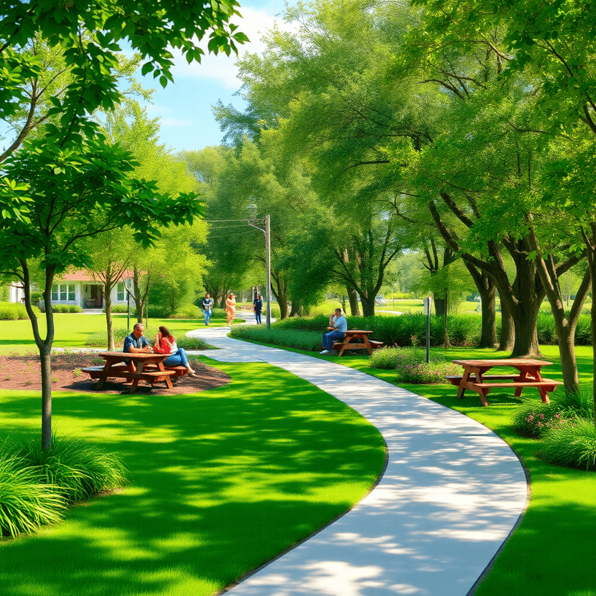 A scenic outdoor setting in Nocatee, Florida, showcasing lush greenery, a walking trail, and picnic areas with couples enjoying outdoor activities ...