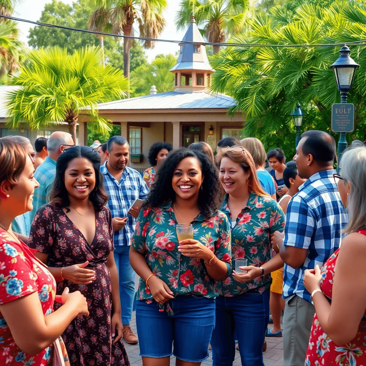 A lively outdoor community event in Bellview, Florida, featuring singles smiling and chatting amidst lush greenery and local landmarks, embodying s...
