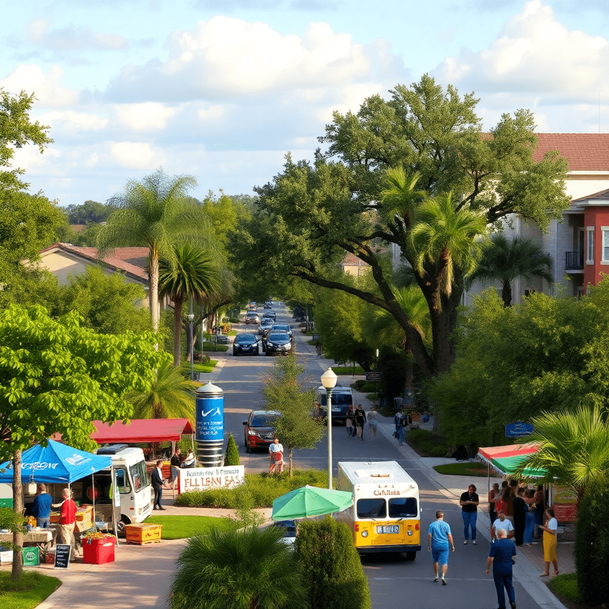 A lively suburban scene in Northdale, Florida, featuring tree-lined streets, a farmers market with local vendors, food trucks, and colorful decorat...