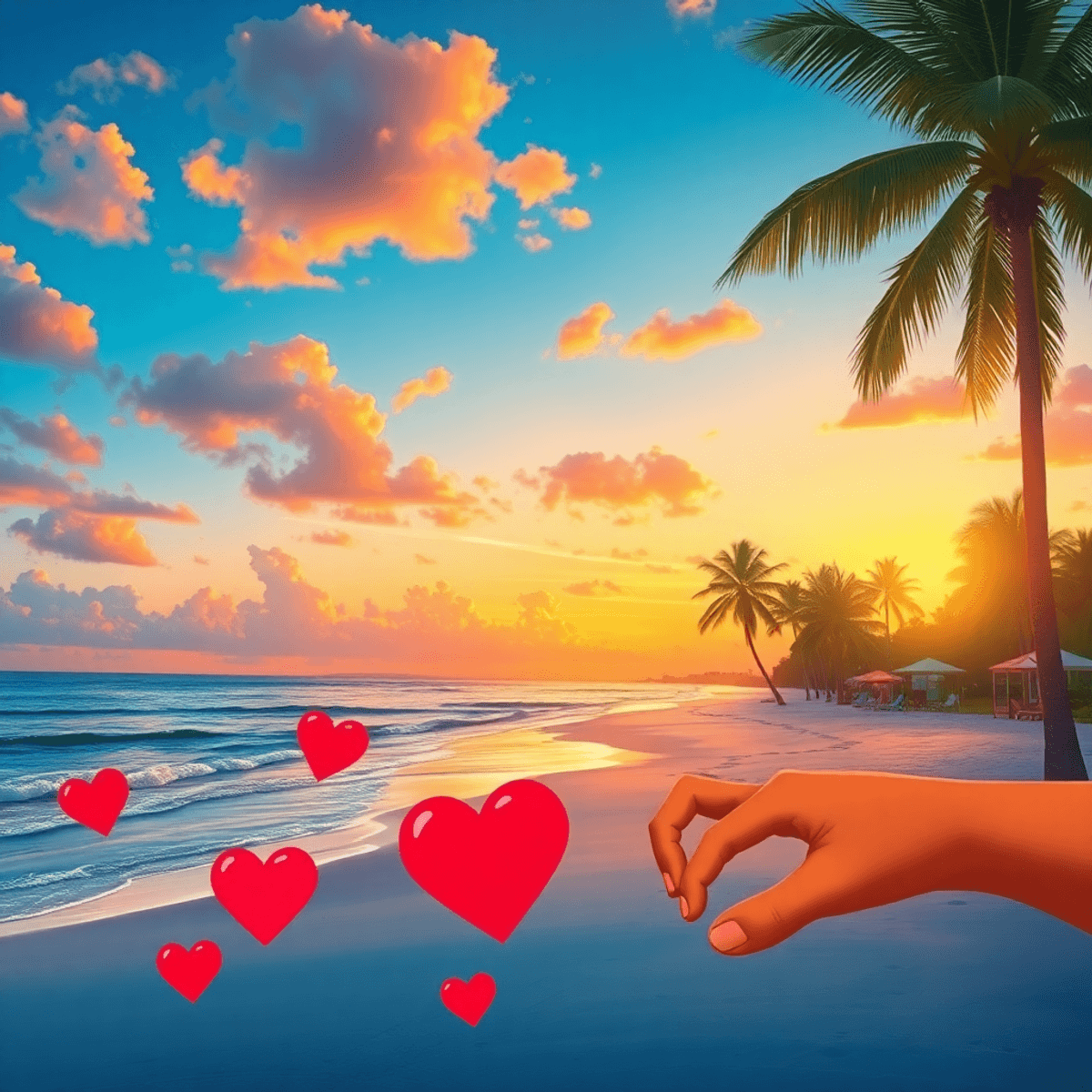 A vibrant beach scene in Palmetto Bay, Florida, with palm trees and a colorful sunset, featuring hearts in the foreground symbolizing love and conn...