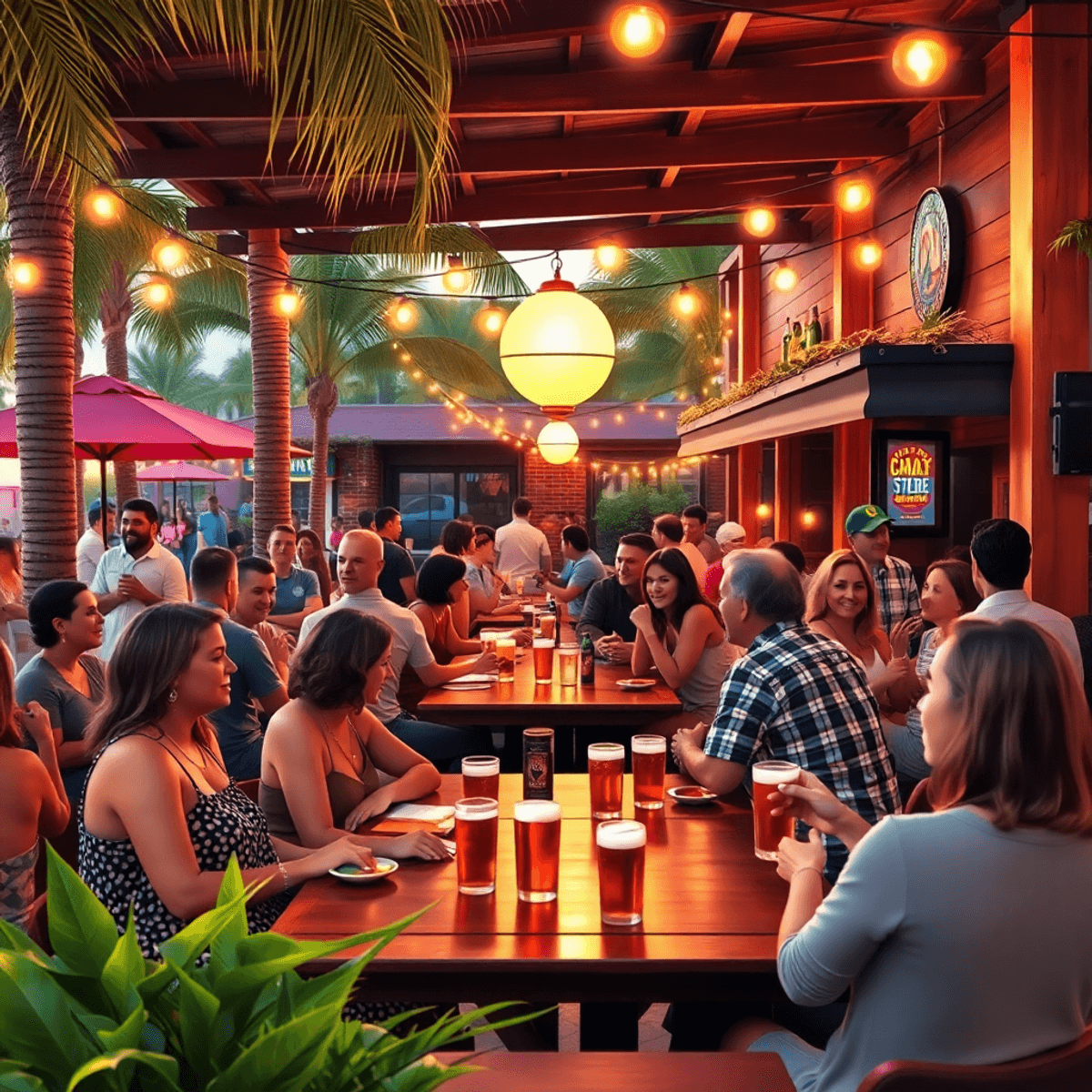 A lively outdoor bar scene with people enjoying craft beers, palm trees, and warm lighting, creating an inviting and energetic atmosphere in Coral ...
