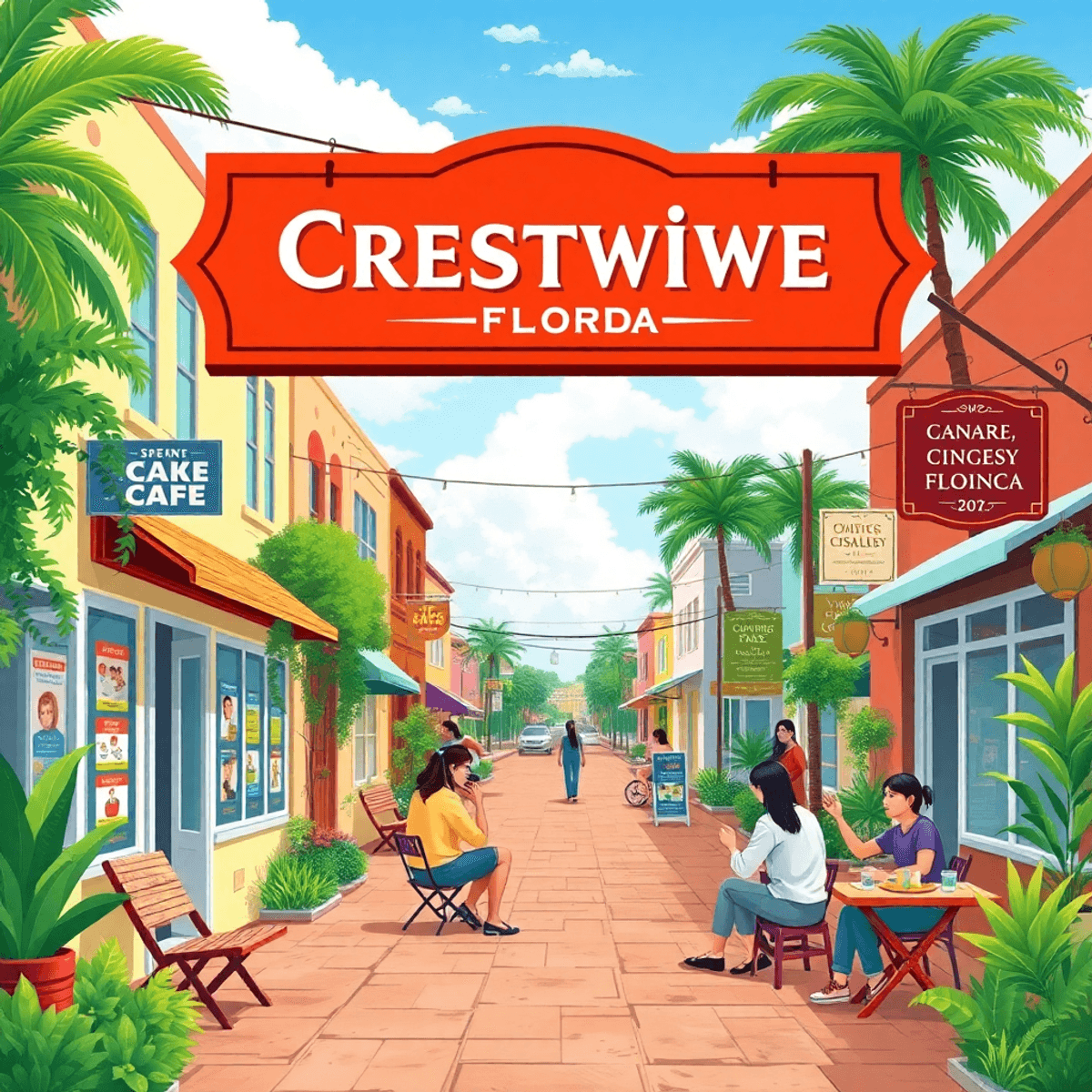 A lively small-town street in Crestview, Florida, showcasing local cafes and community event posters, with people enjoying outdoor dining and socia...