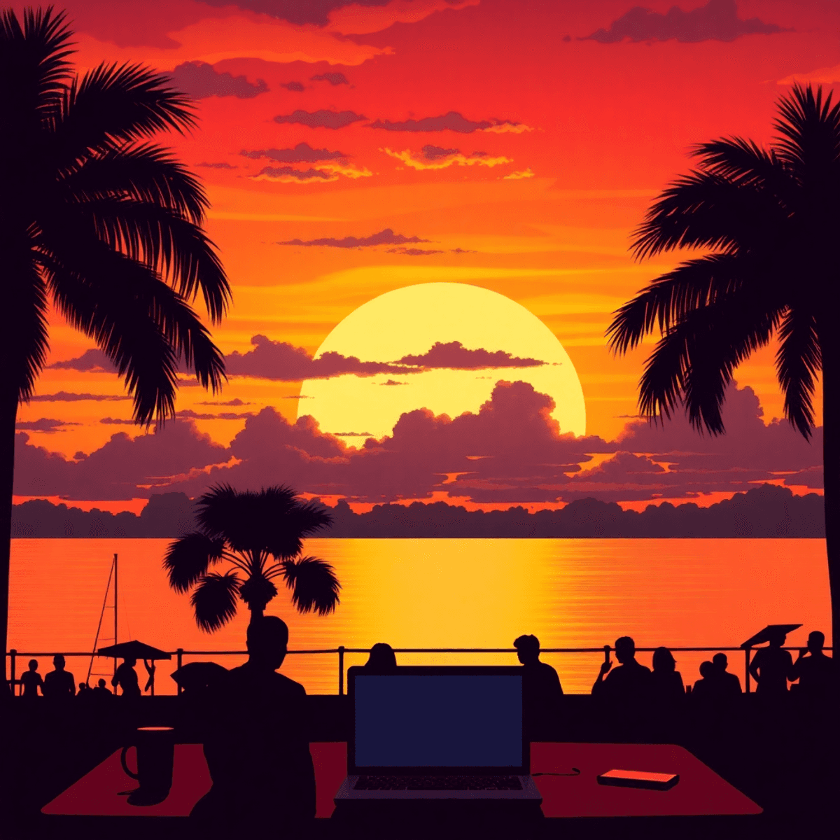 A vibrant sunset over the waterfront in Apollo Beach, with silhouettes of palm trees, a laptop, and picnic setups, creating a warm and inviting atm...